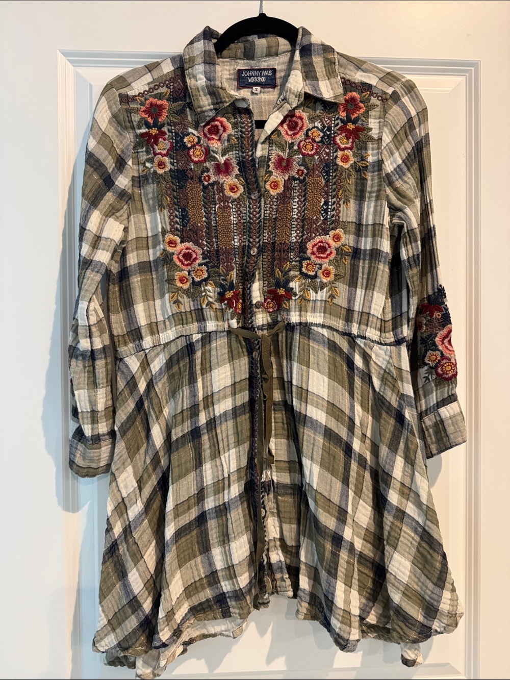 Johnny Was Olive, Cream & Navy Plaid Tunic with Floral Embroidery